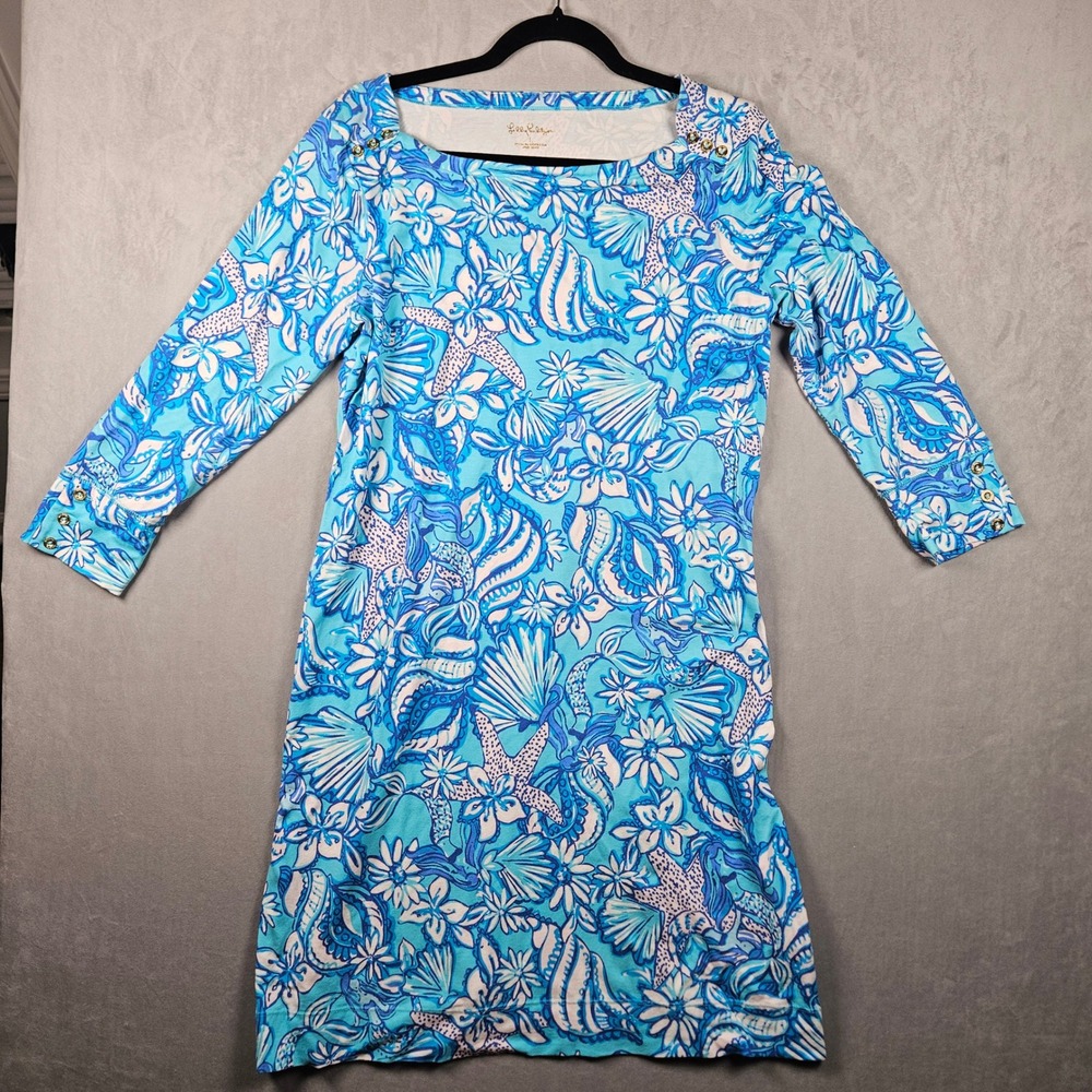 Lilly Pulitzer Sophie Dress Womens Large Blue Floral Print 3/4 Sleeve UPF 50+